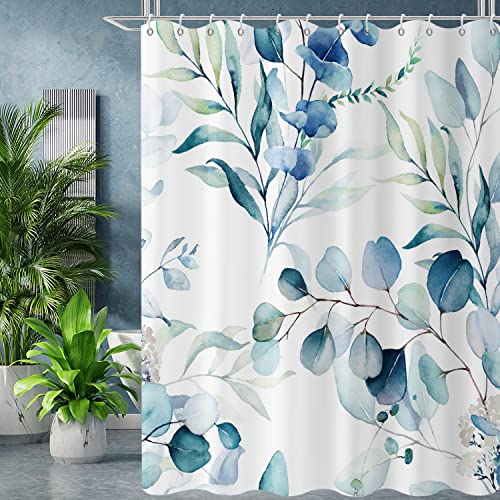 GCIREC Blau Eukalyptusblatt Stall Duschvorhang, Blau Botanisch Aquarell Pflanzen Badezimmer Vorhang Badewanne Wohnkultur Wasserdichter Stoff Maschinenwaschbar mit 12 PCS Haken,152x180cm von GCIREC