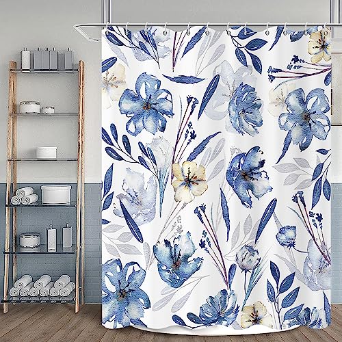 GCIREC Blau Floral Duschvorhang, Marineblau und Gelb Aquarell Blume Moderne Minimalismus Badezimmer Vorhang Home Decor Wasserdichtes Gewebe Maschine Waschbar mit 12 PCS Haken,180x200cm von GCIREC