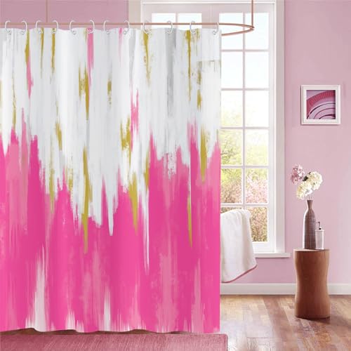 GCIREC Duschvorhang, 120x180cm, Rosa Weiß Gold Moderne Abstrakte Pinselstriche Graffiti Ölgemälde Wasserdichter Stoff Maschinenwaschbarer Badezimmervorhang mit Haken von GCIREC