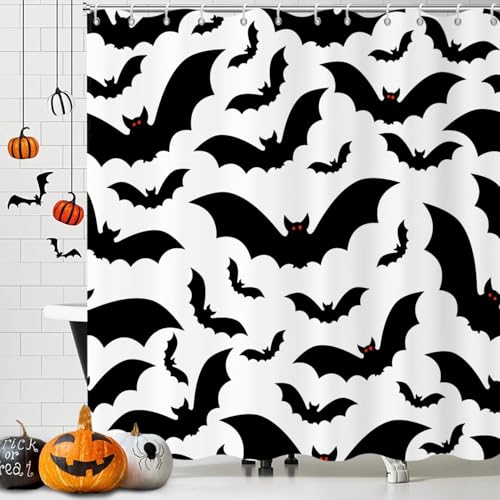 GCIREC Duschvorhang, 120x200cm, Halloween Thema Schwarz und Weiß Fledermaus Wasserdichter Stoff Maschinenwaschbarer Badezimmervorhang mit Haken von GCIREC
