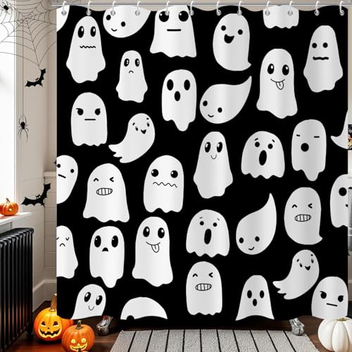 GCIREC Duschvorhang, 120x200cm, Schwarz und Weiß Halloween Funny Spooky Cute Ghost Icons Wasserdichter Stoff Maschinenwaschbarer Badezimmervorhang mit Haken von GCIREC
