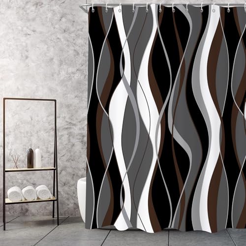 GCIREC Duschvorhang, 150x180cm, Moderne Abstrakte Schwarz Grau Weiß Braun Ombre Gestreift Minimalistische Kunst Wasserdicht Stoff Badezimmer Vorhang Maschinenwaschbar mit Häkchen von GCIREC