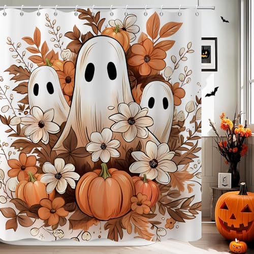 GCIREC Duschvorhang, 150x180cm, Weiße Halloween Niedliche Geist Kürbisblume Wasserdichter Stoff Maschinenwaschbarer Badezimmervorhang mit Haken GCIREC Duschvorhang, 150x180cm, Weiße Halloween Niedliche Geist Kürbisblume Wasserdichter Stoff Maschinenwaschbarer Badezimmervorhang mit Haken von GCIREC