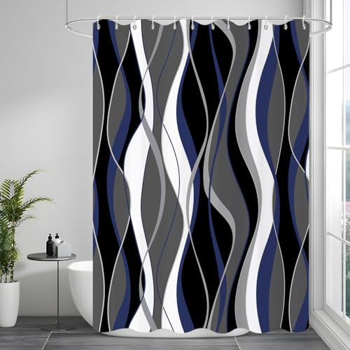 GCIREC Duschvorhang, 165x180cm, Moderne Abstrakte Schwarz Grau Weiß Blau Ombre Gestreift Minimalistische Kunst Wasserdicht Stoff Badezimmer Vorhang Maschinenwaschbar mit Häkchen von GCIREC