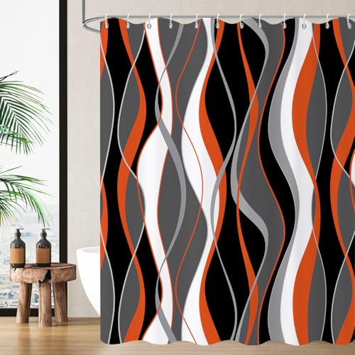 GCIREC Duschvorhang, 165x180cm, Moderne Abstrakte Schwarz Grau Weiß Orange Ombre Gestreift Minimalistische Kunst Wasserdicht Stoff Badezimmer Vorhang Maschinenwaschbar mit Häkchen von GCIREC