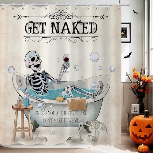 GCIREC Duschvorhang, 180x180cm, Halloween Gothic Lustiges Totenkopf Skelett in der Badewanne Wasserdichter Stoff Maschinenwaschbarer Badezimmervorhang mit Haken von GCIREC
