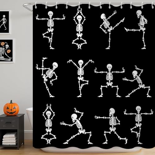 GCIREC Duschvorhang, 180x200cm, Schwarz und Weiß Halloween Cartoon Lustiger Totenkopf Skelett Tanzen Wasserdichter Stoff Maschinenwaschbarer Badezimmervorhang mit Haken von GCIREC