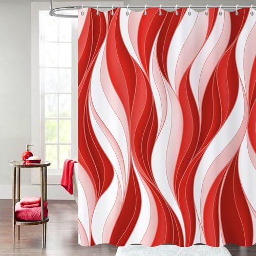 GCIREC Duschvorhang, 180x240cm, Moderne Abstrakte Weiß Rot Ombre Gestreift Minimalistische Kunst Wasserdicht Stoff Badezimmer Vorhang Maschinenwaschbar mit Häkchen von GCIREC