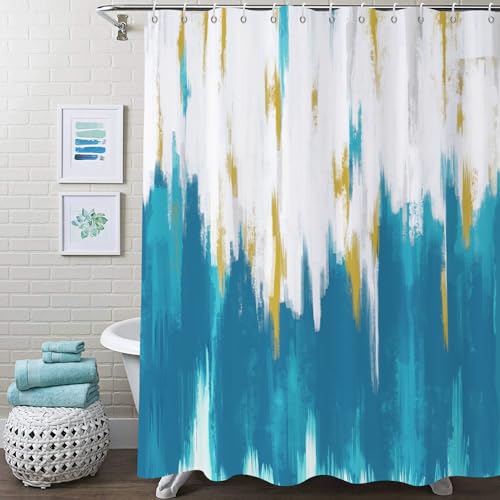 GCIREC Duschvorhang, 200x180cm, Hellblau Weiß Gold Moderne Abstrakte Pinselstriche Graffiti Ölgemälde Wasserdichter Stoff Maschinenwaschbarer Badezimmervorhang mit Haken von GCIREC