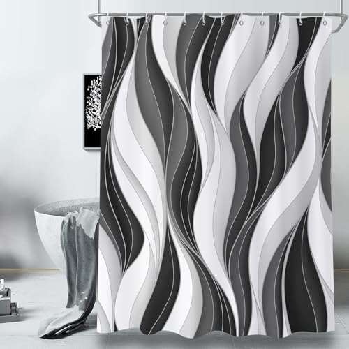 GCIREC Duschvorhang, 200x180cm, Moderne Abstrakte Weiß Schwarz Grau Ombre Gestreift Minimalistische Kunst Wasserdicht Stoff Badezimmer Vorhang Maschinenwaschbar mit Häkchen von GCIREC