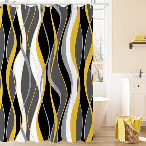 GCIREC Duschvorhang, 90x180cm, Moderne Abstrakte Schwarz Grau Weiß Gelb Ombre Gestreift Minimalistische Kunst Wasserdicht Stoff Badezimmer Vorhang Maschinenwaschbar mit Häkchen von GCIREC