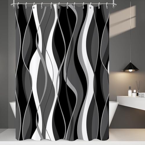 GCIREC Duschvorhang, 90x180cm, Moderne Abstrakte Schwarz Grau Weiß Ombre Gestreift Minimalistische Kunst Wasserdicht Stoff Badezimmer Vorhang Maschinenwaschbar mit Häkchen von GCIREC