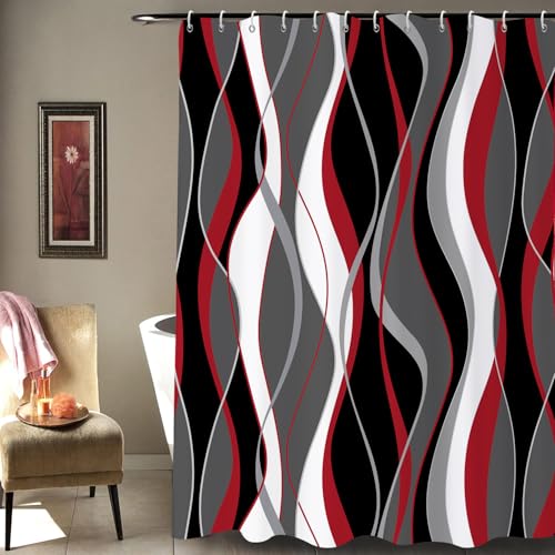 GCIREC Duschvorhang, 90x180cm, Moderne Abstrakte Schwarz Grau Weiß Rot Ombre Gestreift Minimalistische Kunst Wasserdicht Stoff Badezimmer Vorhang Maschinenwaschbar mit Häkchen von GCIREC