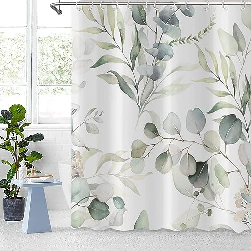 GCIREC Eukalyptus Blatt Duschvorhänge, Salbei grün Frühling botanische Aquarell Pflanzen Bad Vorhänge Badewanne Home Decor wasserdicht Stoff Maschine waschbar mit 12 PCS Haken,152x180cm von GCIREC