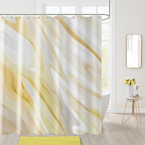 GCIREC Gelber Marmor Stall Duschvorhang, Gelb Mix Weiß Ombre Modern Abstrakt Wave Luxus Bad Vorhang Badewanne Home Decor Wasserdichtes Gewebe Maschine waschbar mit 8 PCS Haken,120x180cm von GCIREC