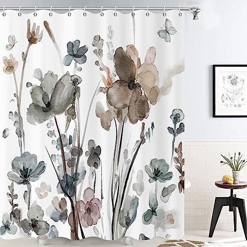 GCIREC Grau Floral Duschvorhang, Grau Braun Rosa Aquarellblume mit Schmetterlingen Moderner Minimalismus Badezimmer Vorhang Wohnkultur Wasserdichtes Gewebe Maschine Waschbar mit 12 PCS Haken,180x180cm von GCIREC