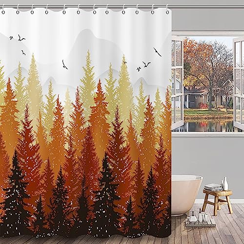 GCIREC Herbst Nebel Wald Duschvorhang, Orange Kiefer Nebel Wald Wald Berg Natur Badezimmer Vorhang Home Decor Wasserdichtes Gewebe Maschine Waschbar mit 12 PCS Haken,180x180cm von GCIREC