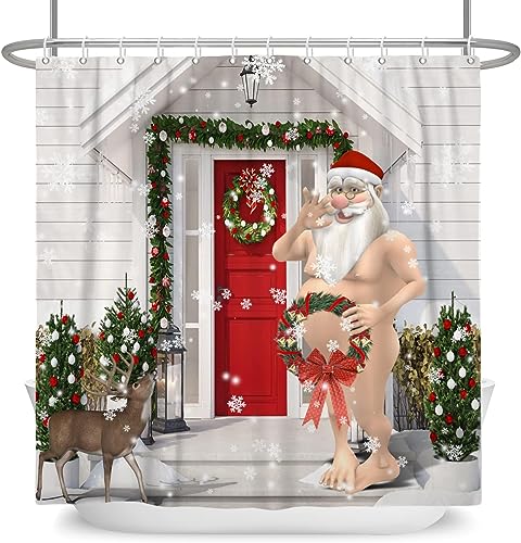 GCIREC Lustiger Weihnachtsmann-Duschvorhang, 3D-Weihnachtsmann-Rentier-Feiertags-Badezimmervorhang Wohnkultur Wasserdichter Stoff Maschinenwaschbar mit 12 PCS Haken,180x200cm von GCIREC