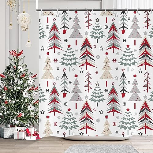 GCIREC Merry Christmas Shower Curtain, Weihnachtsbaum mit roten Sternen Schneeflocke Neujahr Winter Badezimmer Vorhang wasserdicht Stoff Maschine waschbar mit 12 PCS Haken,152x180cm von GCIREC