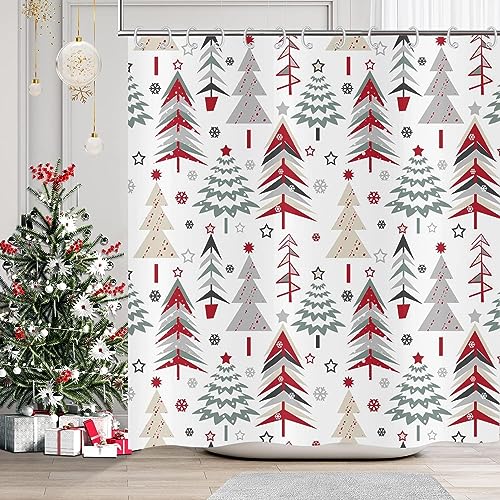 GCIREC Merry Christmas Shower Curtain, Weihnachtsbaum mit roten Sternen Schneeflocke Neujahr Winter Badezimmer Vorhang wasserdicht Stoff Maschine waschbar mit 12 PCS Haken,180x200cm von GCIREC