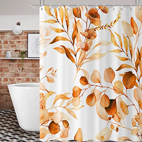 GCIREC Orange Eucalyptus Leaf Stall Shower Curtain, Orange Botanical Watercolor Plants Bathroom Curtain Bathtub Home Decor Waterproof Fabric Machine Washable mit 12 PCS Haken,180x180cm von GCIREC