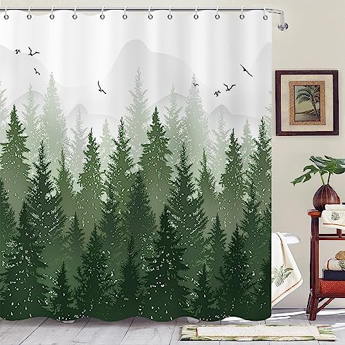 GCIREC Salbei Grüner Wald Duschvorhang, Kiefer Nebel Wald Wald Berg Natur Badezimmer Vorhang Home Decor Wasserdichtes Gewebe Maschine Waschbar mit 12 PCS Haken,180x200cm von GCIREC