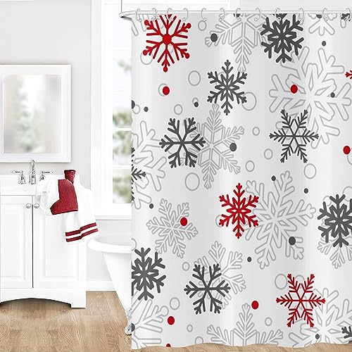 GCIREC Schneeflocke Duschvorhang, Grau Rot Weiß Weihnachten Schneeflocke Winter Badezimmer Vorhang Home Badewanne Dekor Wasserdichter Stoff Maschinenwaschbar mit 12 PCS Haken,152x180cm von GCIREC