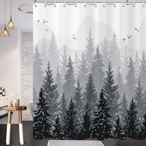 GCIREC Schwarz und Weiß Misty Forest Duschvorhang, Kiefer Nebel Wald Berg Wald Natur Badezimmer Vorhang Home Decor Wasserdichtes Gewebe Maschine Waschbar mit 12 PCS Haken,180x180cm von GCIREC