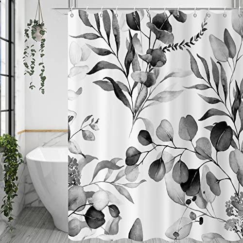 GCIREC Schwarzer Eukalyptus Blatt Stall Duschvorhang, Schwarz Botanisch Aquarell Pflanzen Badezimmer Vorhang Badewanne Wohnkultur Wasserdichter Stoff Maschinenwaschbar mit 12 PCS Haken,180x200cm von GCIREC