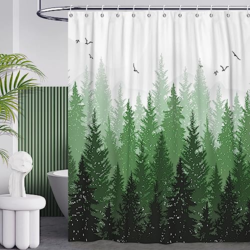 GCIREC Smaragdgrün Nebel Wald Duschvorhang, Kiefer Nebel Wald Wald Berg Natur Badezimmer Vorhang Home Decor Wasserdichtes Gewebe Maschine Waschbar mit 8 PCS Haken,120x180cm von GCIREC