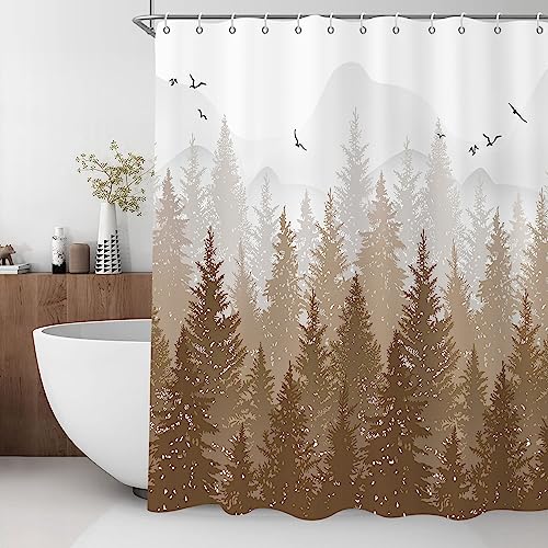 GCIREC Tan Misty Forest Duschvorhang, Brauner Tannenbaum Nebliger Wald Waldland Berg Natur Badezimmer Vorhang Home Decor Wasserdichtes Gewebe Maschine Waschbar mit 12 PCS Haken,165x180cm von GCIREC