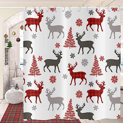 GCIREC Weihnachten Dusche Vorhang, Büffel Check Plaid Elch Xmas Tree Winter Snowflake Bad Vorhang für Badewanne Home Decor wasserdicht Stoff Maschine waschbar mit 12 PCS Haken,152x180cm von GCIREC