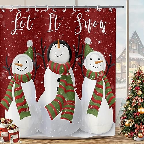 GCIREC Weihnachten Duschvorhang, Rot und Grün Niedlicher Schneemann Winter Urlaub Badezimmer Vorhang für Kind Badewanne Home Decor Wasserdichter Stoff Maschinenwaschbar mit 12 PCS Haken,180x200cm von GCIREC