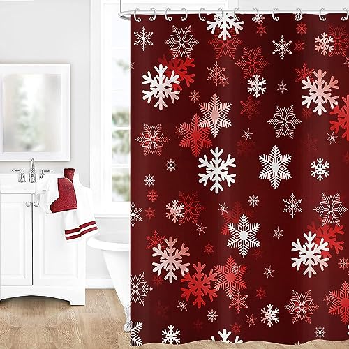 GCIREC Weihnachten Schneeflocke Duschvorhang, dunkel rot weiß Weihnachten Schneeflocke Winter Urlaub Neujahr Bad Vorhang wasserdicht Stoff Maschine waschbar mit 12 PCS Haken,180x180cm von GCIREC