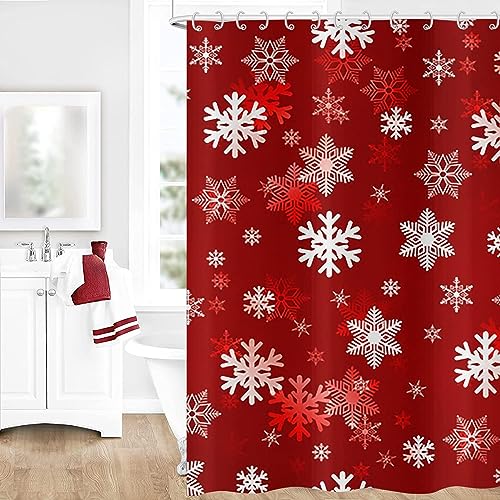 GCIREC Weihnachten Schneeflocke Duschvorhang, rot weiß Weihnachten Schneeflocke Winter Urlaub Neujahr Bad Vorhang wasserdicht Stoff Maschine waschbar mit 12 PCS Haken,180x200cm von GCIREC