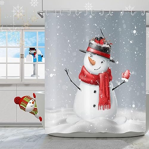 GCIREC Weihnachten Schneemann Duschvorhang, Winter Schneeflocke rot Kardinäle Vögel lustig Badezimmer Vorhang wasserdicht Stoff Maschine waschbar mit 12 PCS Haken,180x180cm von GCIREC