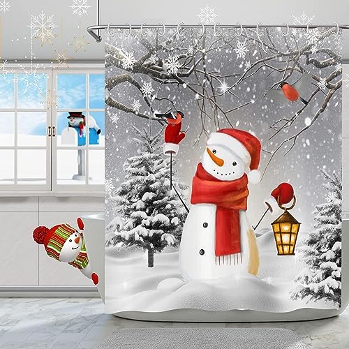 GCIREC Weihnachten Schneemann Duschvorhang, niedlich Schneemann Kardinäle Vögel Schneeflocke Badezimmer Vorhang wasserdicht Stoff Maschine waschbar mit 8 PCS Haken,120x180cm von GCIREC