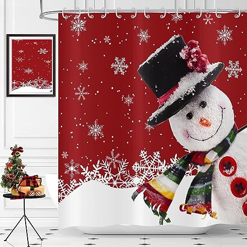 GCIREC Weihnachten Schneemann Duschvorhang, rot lustig Weihnachten Schneemann weiß Schneeflocke Neujahr Winter Badezimmer Vorhang wasserdicht Stoff Maschine waschbar mit 12 Haken,165x180cm von GCIREC