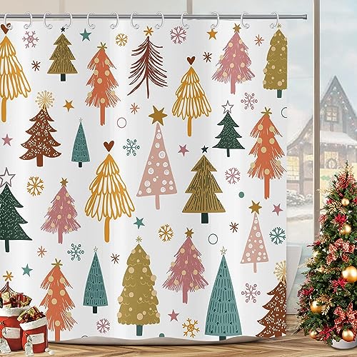 GCIREC Weihnachtsbaum Duschvorhang, Chic Boho Xmas Tree Snowflake Stars Winter New Year Holiday Badezimmer Vorhang Home Decor Wasserdichtes Gewebe Maschine waschbar mit 12 PCS Haken,180x180cm von GCIREC