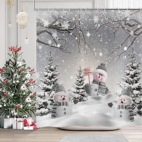 GCIREC Winter Weihnachten Duschvorhang, grau weiß niedlich Schneemann Schneeflocke Szene verschneiten Wald Badezimmer Vorhang wasserdicht Stoff Maschine waschbar mit 12 PCS Haken,152x180cm von GCIREC