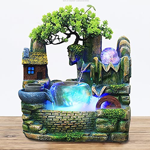 GCIUEMMH Zimmerbrunnen mit LED Beleuchtung und Zerstäuber - n Zimmerbrunnen Ornament Beleuchtung Desktop Tischlampe Tischdeko Wasserbrunnen Dekoration Rockery Fountain Zimmerbrunnen für Büro Zuhause von GCIUEMMH