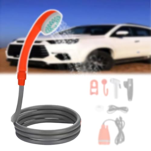 GCLCPAEN Auto-Duschkopf, Außenduschpumpe, Tragbares USB-Ladegerät, 2,5-3,5L/Min Wasservolumen, 2M Schlauch, 5M Kabel, Für Camping, Wandern, Reisen, Mit Düse,Orange von GCLCPAEN