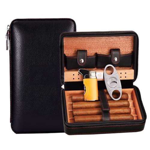 GCLCPAEN Tragbare Reisezigarrenbox,Humidor Aus Zedernholz Aus Leder,Mit Zigarrenschneider Und Feuerzeug,Stabil Und Feuchtigkeitsspendend,Für 4 Stück,Luftdicht Und Langlebig, Black-A von GCLCPAEN