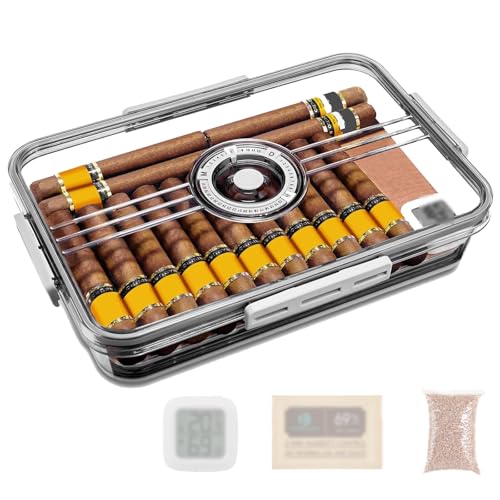Zigarren-Humidor,Versiegelt Und Feuchtigkeitsgeschützt,Sichtbare Box,Mit Feuchtigkeitsmesser+Feuchtigkeitspackung+Zedernholzsägemehl,Zeitspeicherfunktion,PET-Material,Für 30/60/100 Zigarren,S von GCLCPAEN