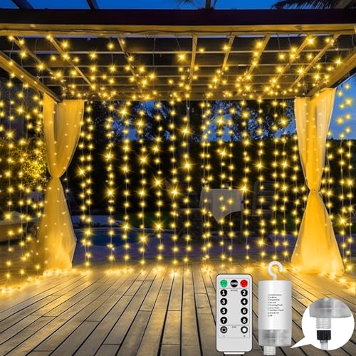 300 LEDs Lichtervorhang Innen Lichterketten Vorhang, GCMacau 3x3m Lichtervorhang Außen Batterie,Hängende Vorhang Batteriebetrieben mit Fernbedienung,Lichterkette für Valentinstag,Schlafzimmer,Hochzeit von GCMacau