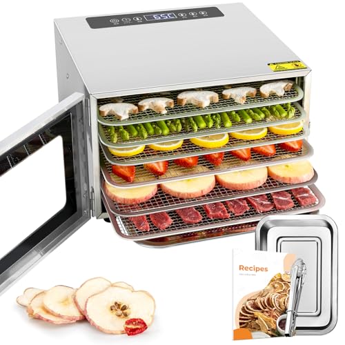 Kwasyo Dörrautomat Edelstahl mit Rezeptheft, 6 Etagen Dörrgerät Temperaturregler von 30-90℃, Timerfunktion von 24h, BPA-frei, Dehydrator für Obst- Fleisch- Früchte-Trockner-Gemüse-Kräuter von Kwasyo