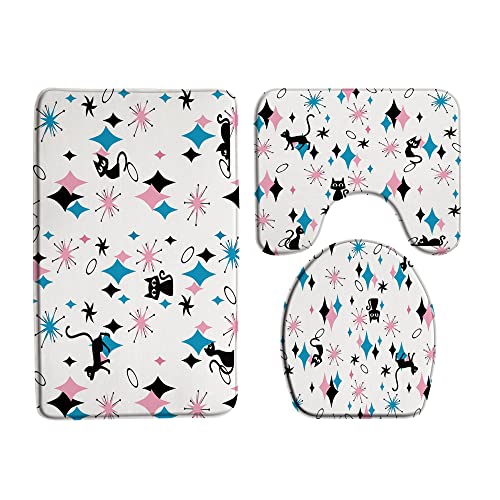 GCTNBJL 3 Stück Mid Century Katze Badematte Atomic Retro Starbursts Blau Rosa Diamant Schwarz Katze Modern ​Abstrakte Geometrische Badezimmer Fußmatte Teppiche Toilettensitzbezug U-Form und Bodenmatte von GCTNBJL