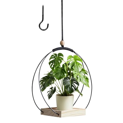 GCYEIDMA Hängekörbe for den Innenbereich, Metallring mit Holzsockel, Hängetopf for Pflanzen, Hängender Blumentopf Wandhaken für Blumenampel von GCYEIDMA