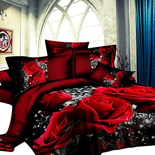GD-SJK Bettwäsche, Zweiteiliger Anzug, 3D rote Rose,Bedruckte Bettwäsche Tröster Set Romantische Blume Bettbezug für Doppelbett 135 x 200 cm in rot aus Microfase (135 * 200cm) von GD-SJK