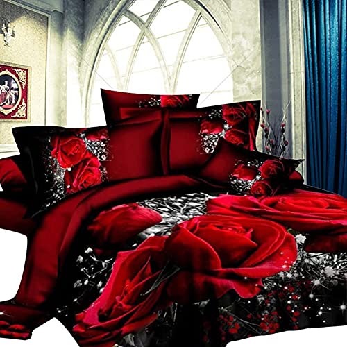 GD-SJK Bettwäsche, dreiteilig, 3D rote Rose,Bedruckte Bettwäsche Tröster Set Romantische Blume Bettbezug für Doppelbett 135 x 200 cm in rot aus Microfase (135 * 200cm+80 * 80 cm*1) von GD-SJK